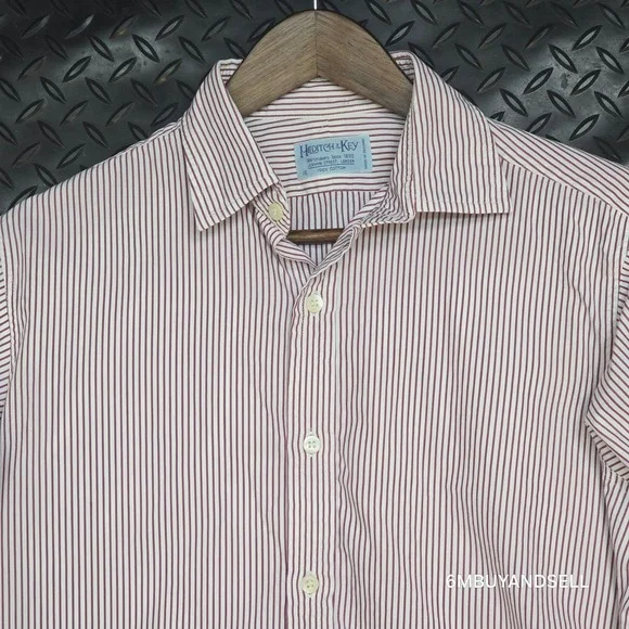 Hilditch & Key Mens Dress Shirt 16 Burgundy White Stripe French Cuff England - Picture 10 of 13